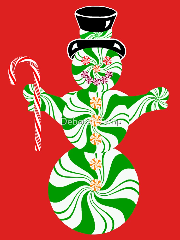Spearmint Snowman with Striped Peppermint Candy Cane by Deborah Camp