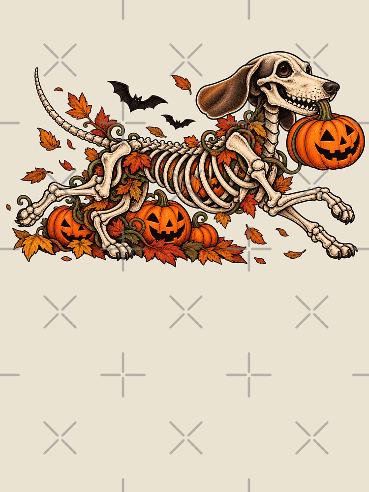 Spooky Skeleton Dachshund Running With Halloween Pumpkin by DogsHearted