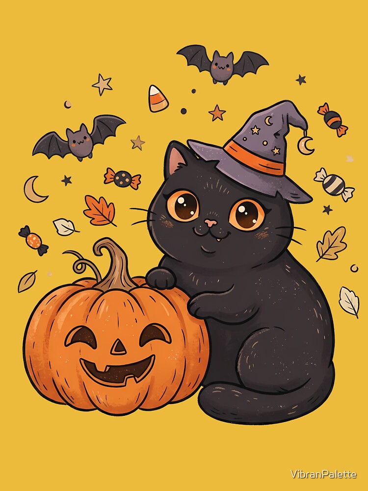 Cute Halloween Black Cat & Pumpkin / Cat in Pumpkin / Kawaii Cat by VibranPalette