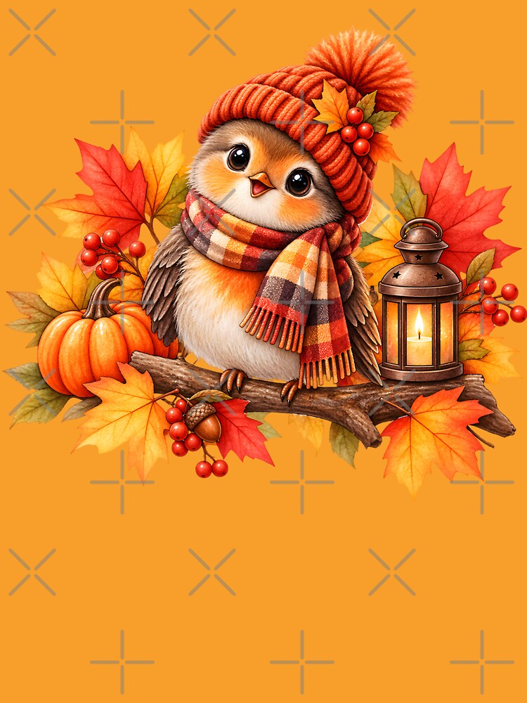 Cozy Autumn Bird with Pumpkin and Lantern by blankTeeShirt