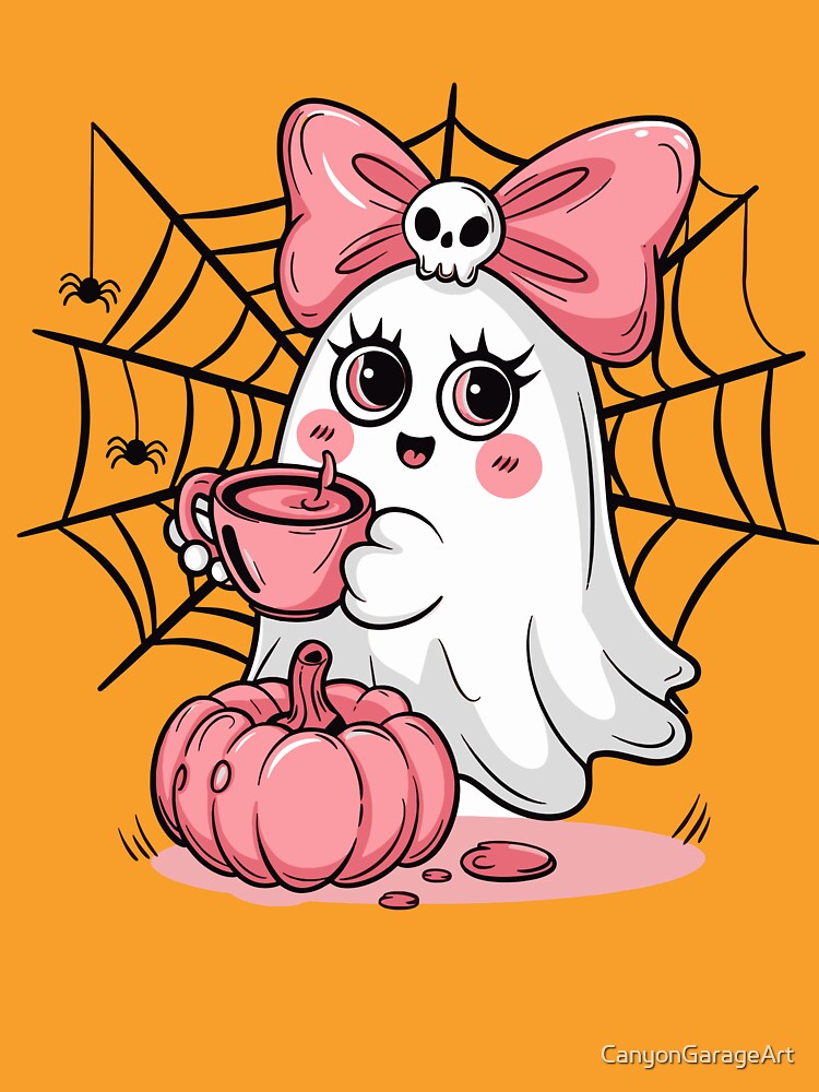 Cute Ghost with Pink Bow and Pumpkin Halloween for Girls by CanyonGarageArt