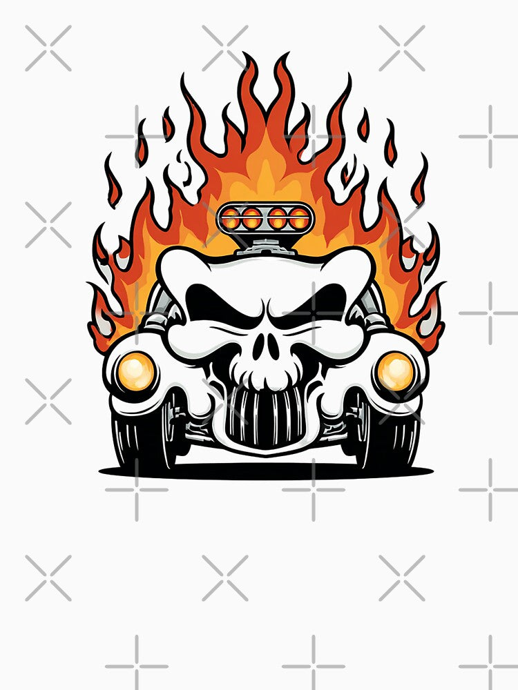 Flaming Skull Hot Rod – Hellfire Muscle Car Cartoon Design by Alphakenon