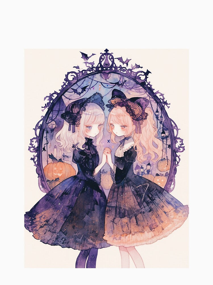 Sweet Gothic Twins Watercolor Halloween Art by SweetSprash