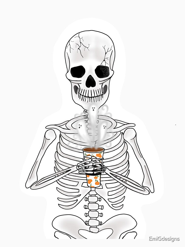 skeleton with pumpkin latte illustration by EmiGdesigns