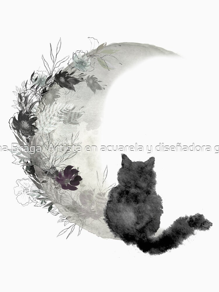 Black cat sitting on a silver moon with flowers.Watercolor painting by Marina Braga  Artista en acuarela y diseñadora gráfica