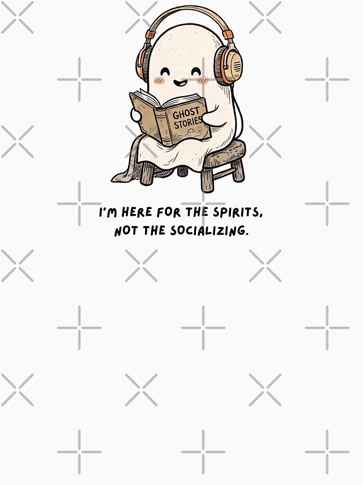 Cute Ghost Reading Book with Headphones Spooky Introvert Design by Ink & Void Co.