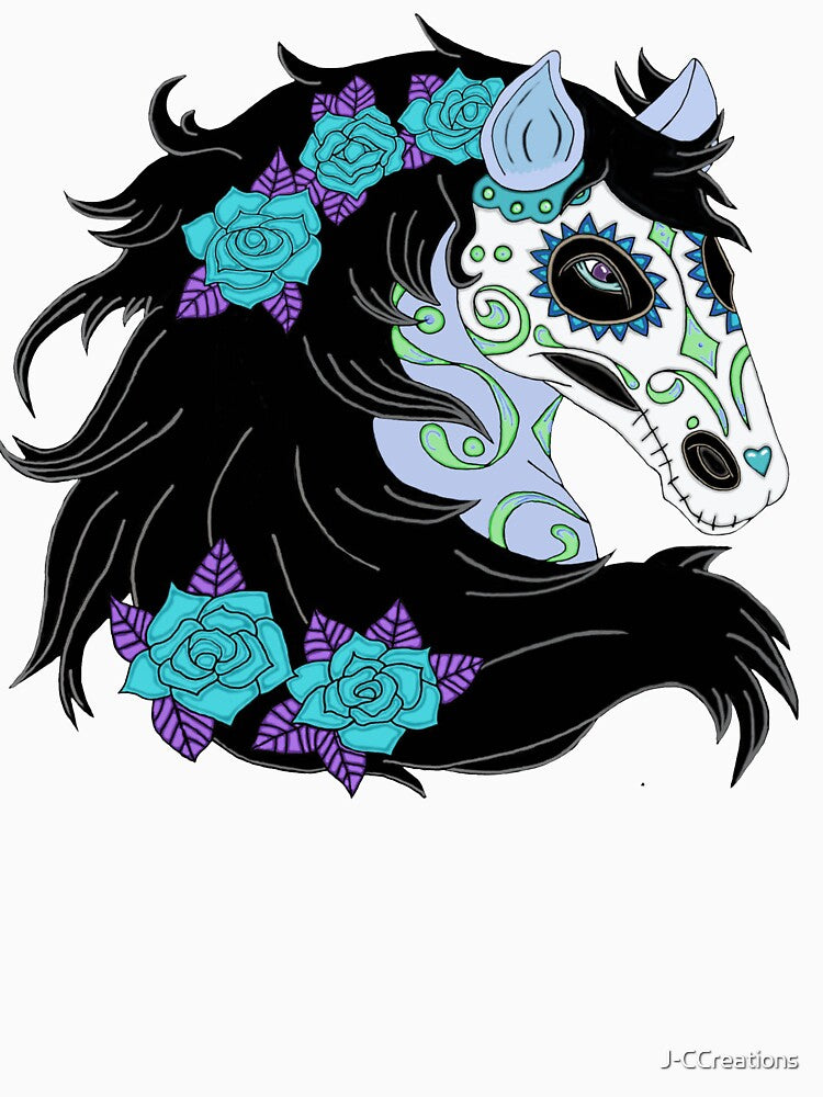 Sugar Skull Horse With Turquoise Blue Roses by J-CCreations