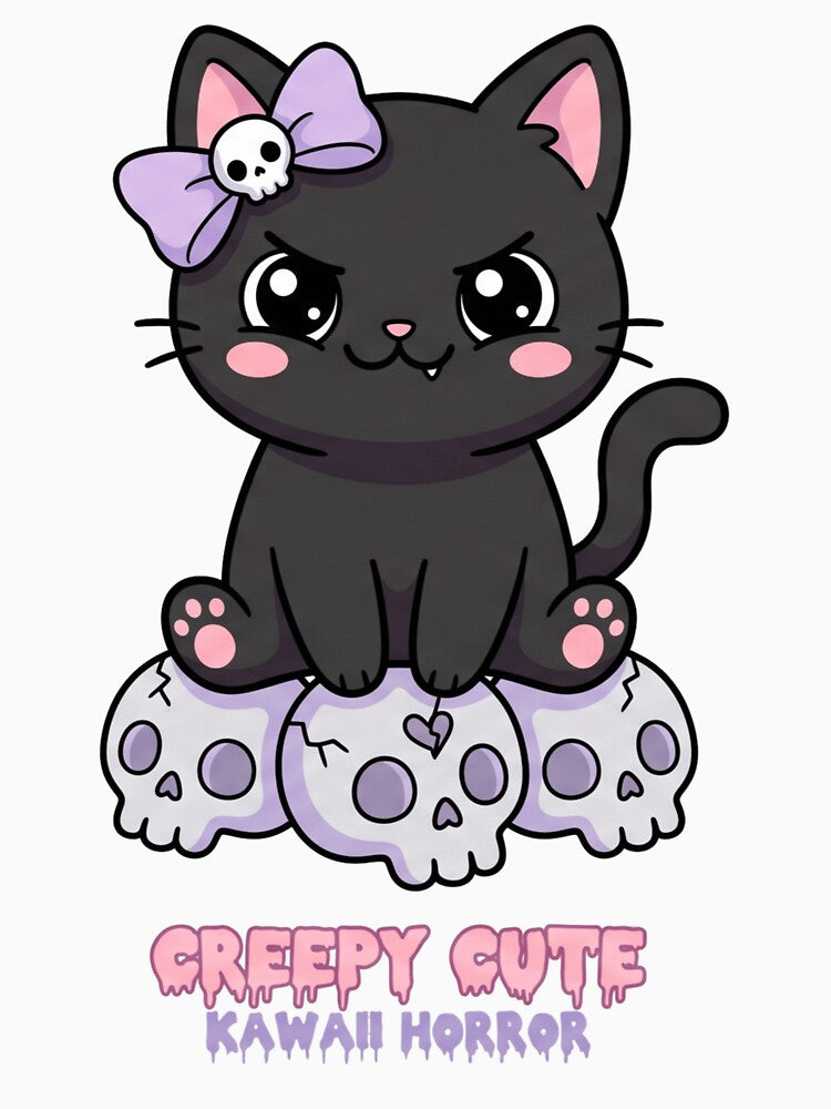 Pastel Goth Black Cat on Skulls - Creepy Cute Kawaii Horror by Pixele