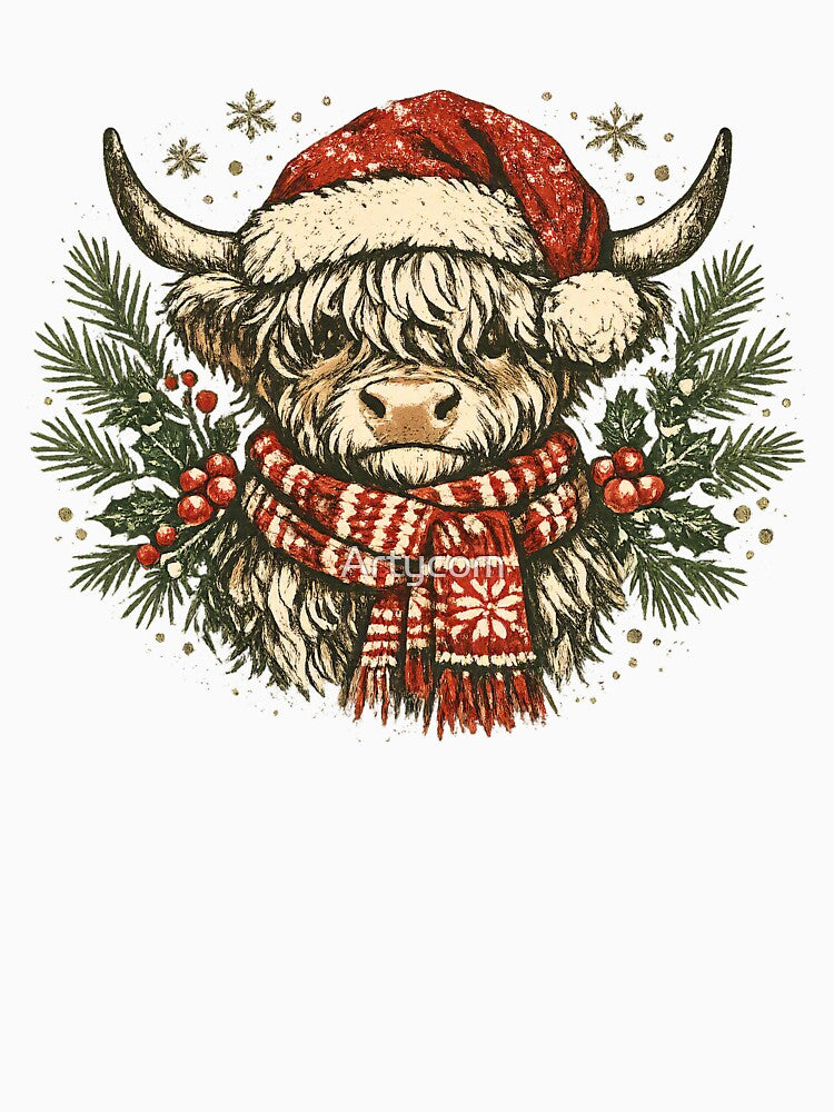 Cute Christmas Highland Cow – Festive Rustic Farmhouse Holiday Winter Gift by Artycom
