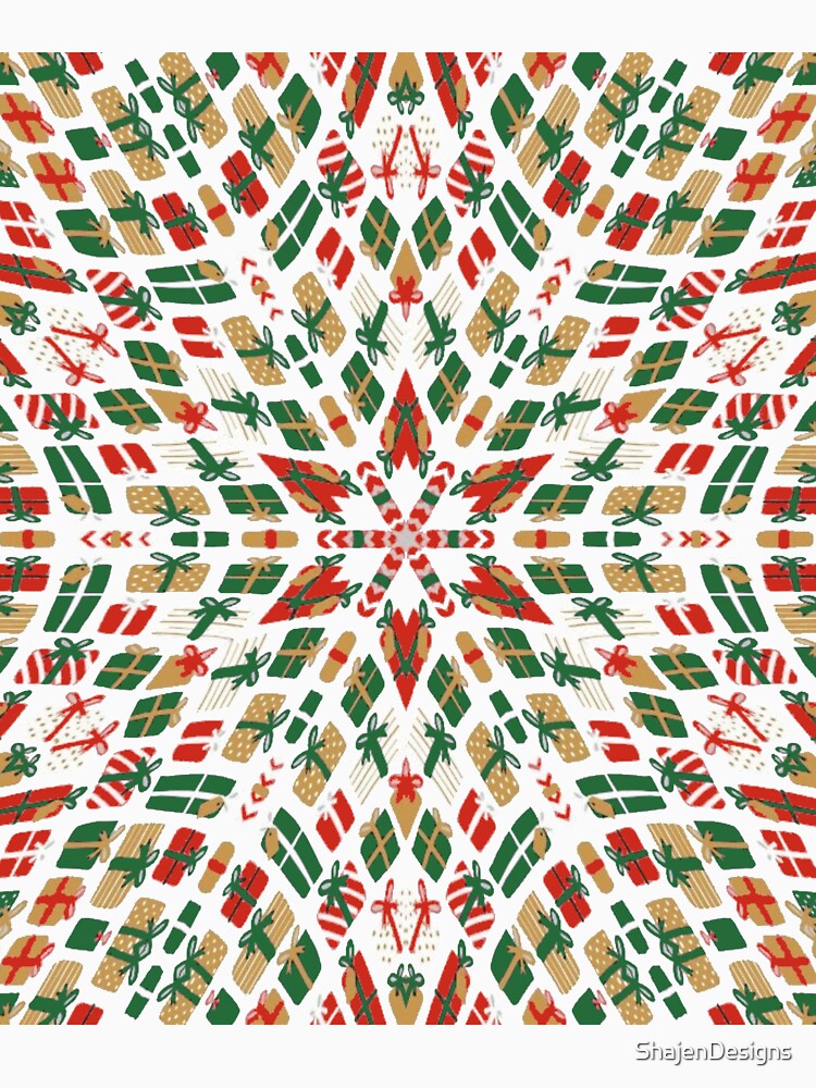Retro Christmas Kaleidoscope with Red Green Gold Christmas Presents Gifts on White Background by ShajenDesigns