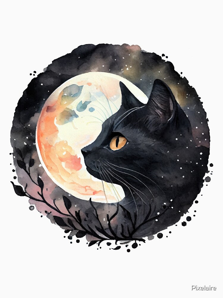 A black cat with the moon behind it. Cat moon by Pixelaire