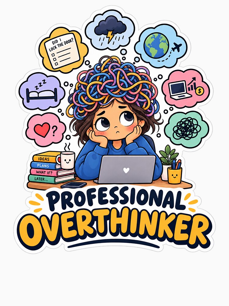 Professional Overthinker – Funny Overthinking & Relatable Mental Chaos Sticker by Pixel & Ponder