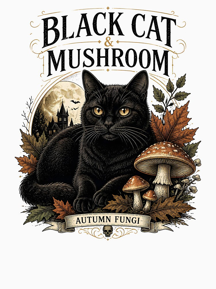 BLACK CAT & MUSHROOM Autumn Fungi Halloween Gothic Engraving by LiviuGligoros