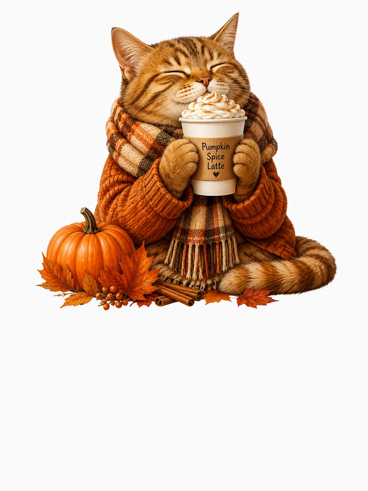 Adorable Autumn Cat Enjoying Pumpkin Spice Latte by Giddy Bear Gifts