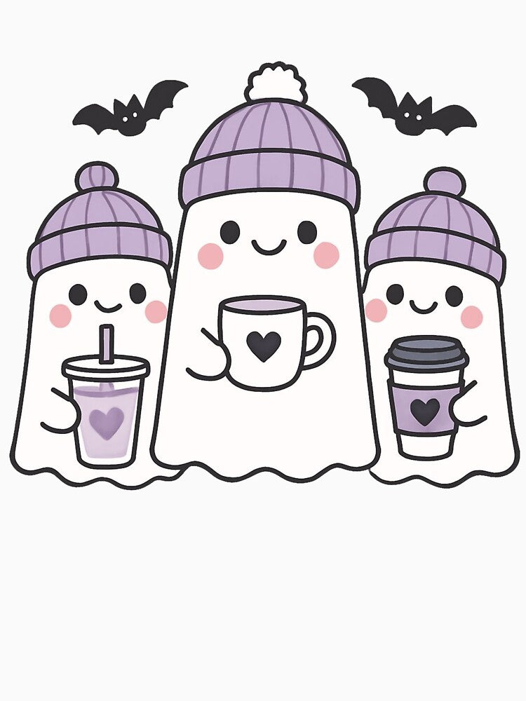 Kawaii Cartoon Ghosts with Beanies and Drinks Halloween Sticker by RuweisVibes