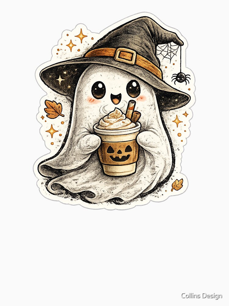 Cute Ghost with Pumpkin Spice Latte | Kawaii Halloween stickers by Collins Design