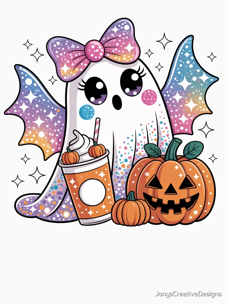 Cute ghost with a latte and a pumpkin by JonysCreativeDesigns