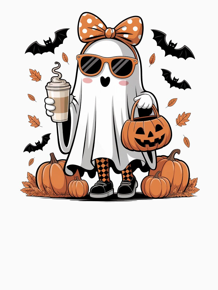 Cute Halloween Ghost with Coffee & Pumpkins by smilesupplyco.