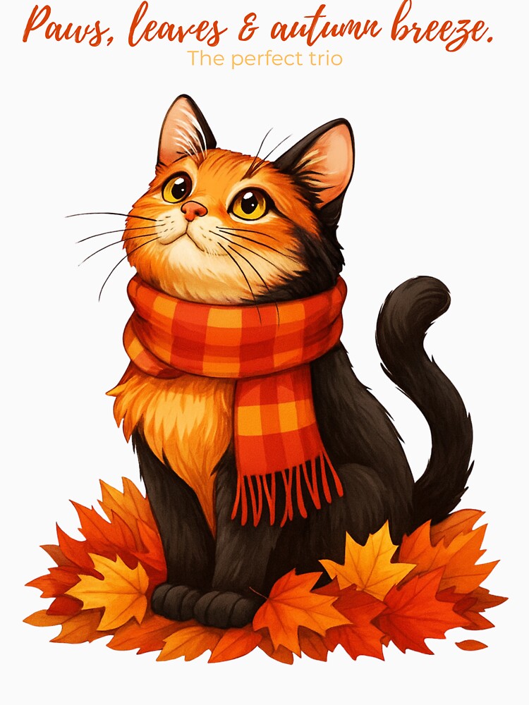 Paws, Leaves & Autumn Breeze – Cozy Fall Cat with Scarf Illustration by MagicMeow1