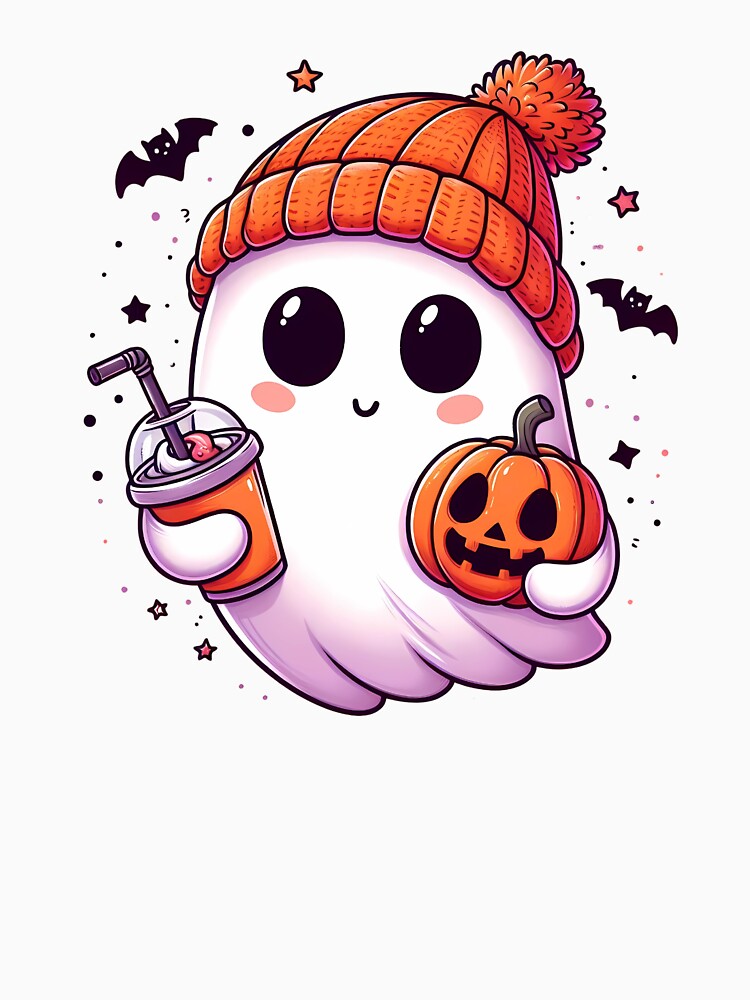 Cute Ghost in Orange Beanie – Halloween Pumpkin Coffee Drink Art by FeliaDesign