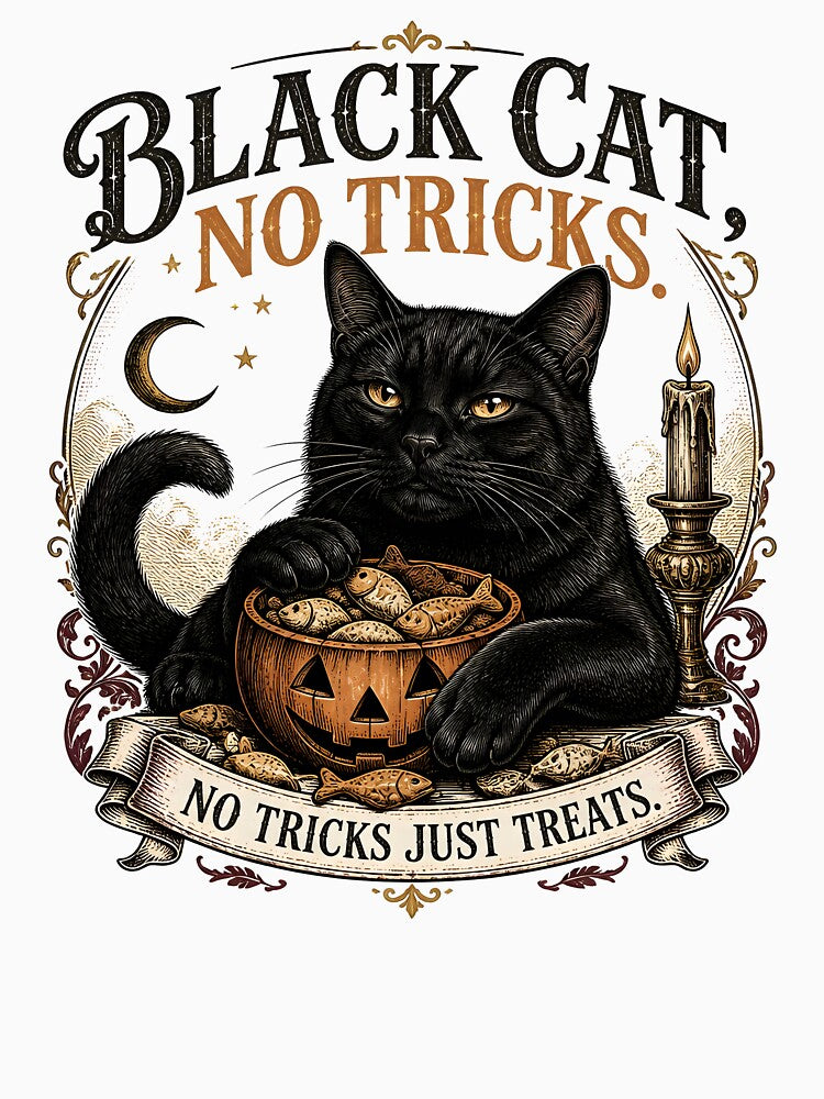 BLACK CAT, NO TRICKS No Tricks Just Treats Halloween Vintage Screen Print by BernoNickel