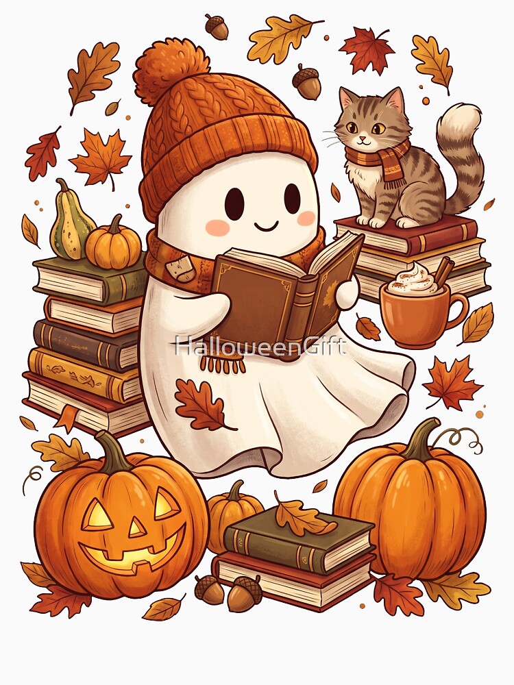 Halloween Ghost Reading Books Coffee Spooky Pumpkin Book Lover Fall by HalloweenGift