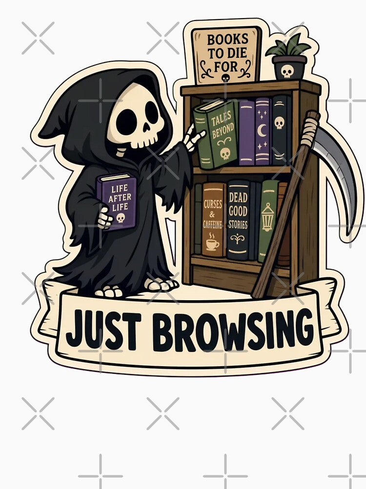 Reaper Bookshop | Cute Grim Reaper Cosy Spooky Doodle by StickyGuys
