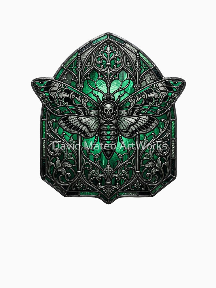 Death's-Head Moth Gothic Stained Glass — Dark Art Emerald Green by David Mateo ArtWorks