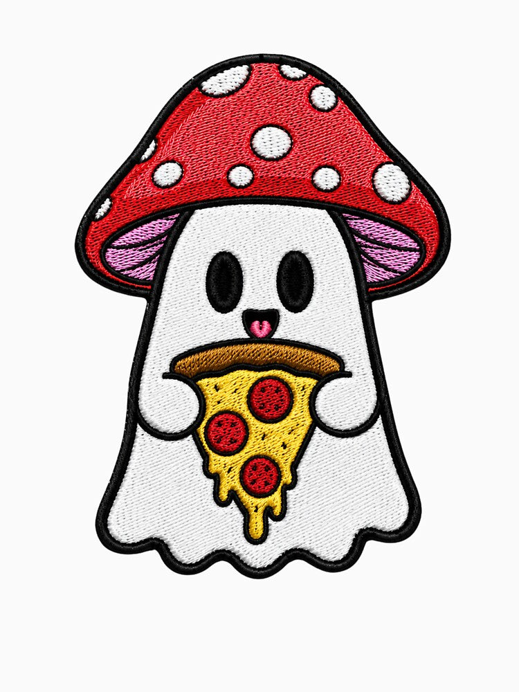 Cute Ghost Eating Pizza Kawaii Embroidery Patch Design Mushroom Boo by ColorSplash123