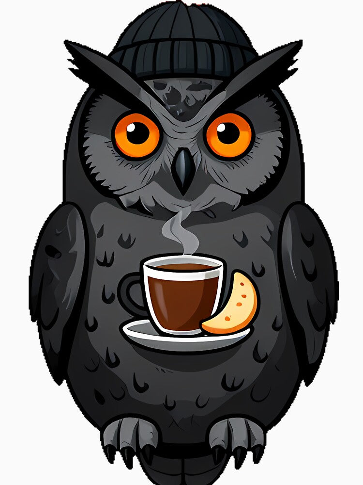 Gothic Cozy Owl with Cocoa and Knitted Beanie by IllumeInk
