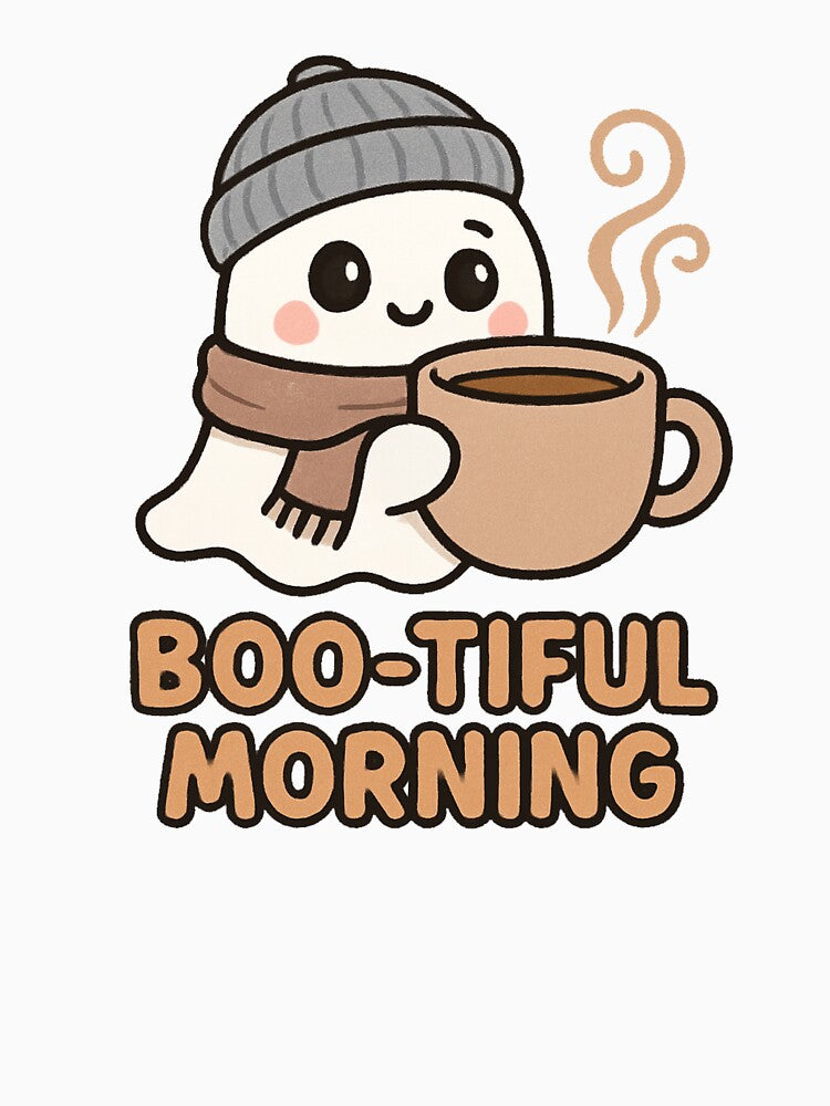 Cute Ghost with Coffee Cup – Boo-tiful Morning Funny Halloween Design by RuweisVibes