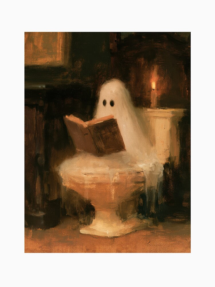 Cozy Ghost Reading a Book Halloween Painting by Sunday Margaritas Art