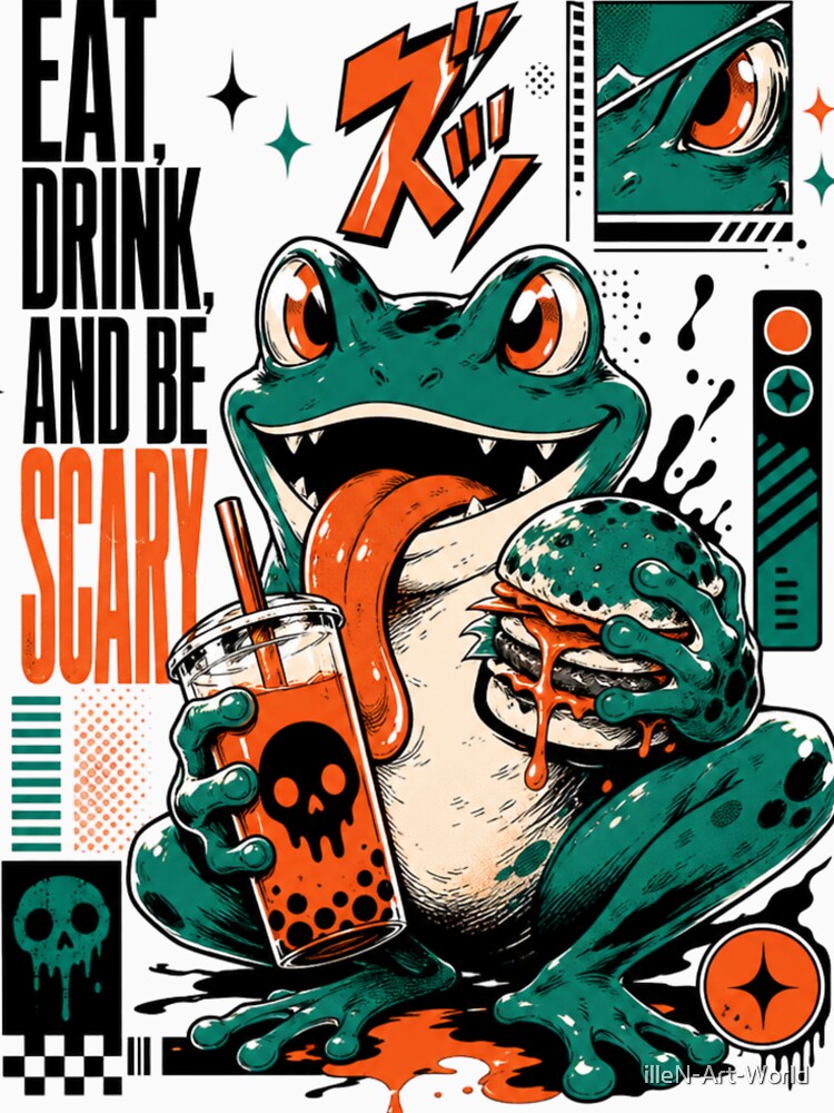 Eat Drink And Be Scary Frog Graphic Poster T-Shirt | Funny Halloween Toad Boba Tea Burger Anime Comic Gift by illeN-Art-World