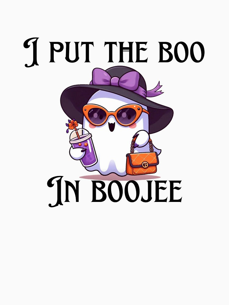 I Put the Boo in Boujee | Cute Ghost with Handbag & Drink Funny Halloween T-Shirt by Jcastro0115