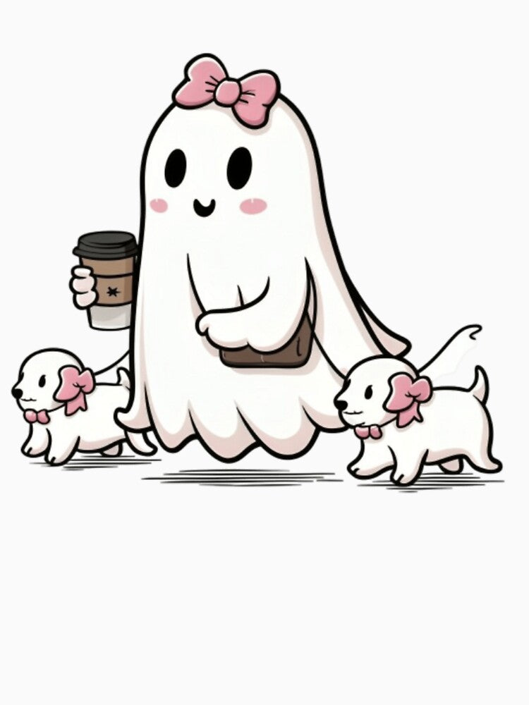 Cute Halloween Ghost T-Shirt – Ghost Walking Ghost Dogs with Pink Bows & Coffee Cup | Adorable Spooky Season Tee for Women by ZyxDes
