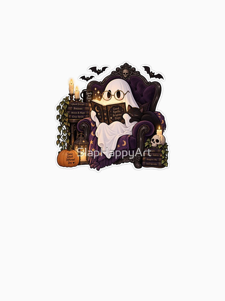 Cute Reading Ghost Aesthetic Halloween Spooky Bookish Sticker by SlapHappyArt