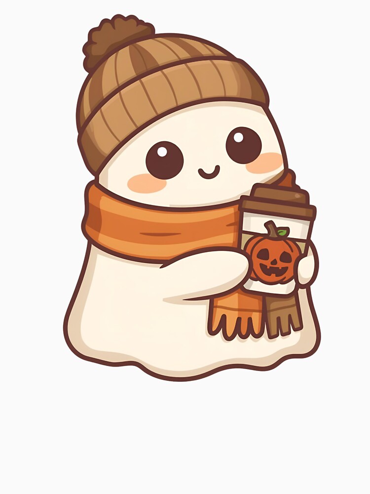 Cute Autumn Ghost with Coffee – Cozy Fall Halloween Kawaii Art by ArtSparkCo