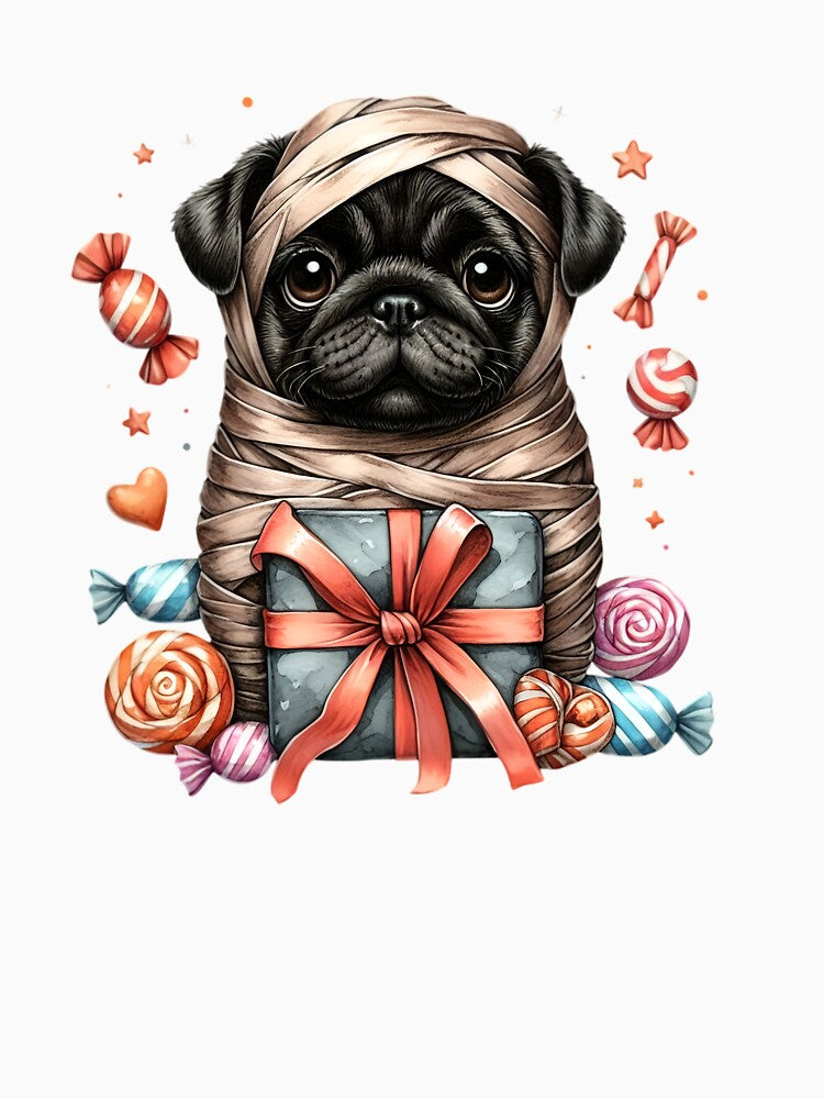 Pug wrapped like a mummy with little candy by GogoGrove