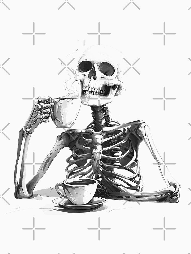 Black and White Skeleton Drinking Coffee Dark Humor Gothic Art by inkoutninja