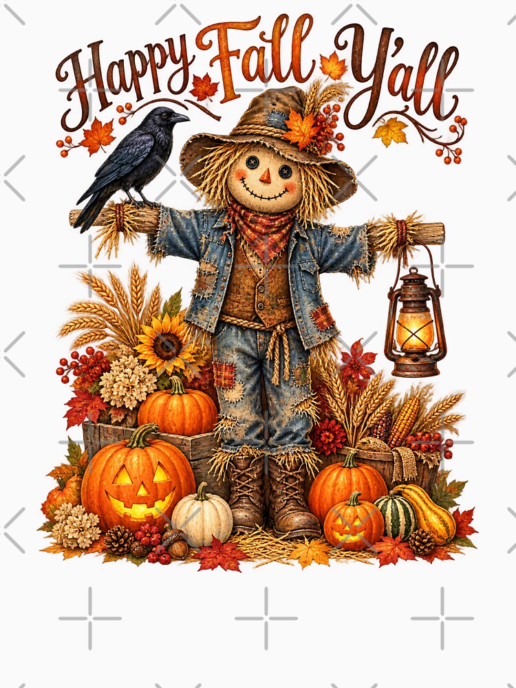 Happy Fall Y’all Scarecrow with Pumpkins and Harvest Autumn by will freed18