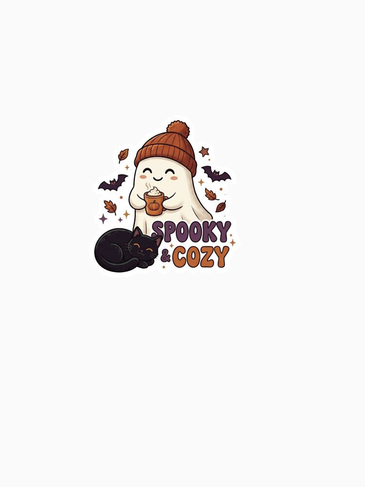 Cute Spooky & Cozy Ghost Coffee Black Cat Sticker by Noviyastudio