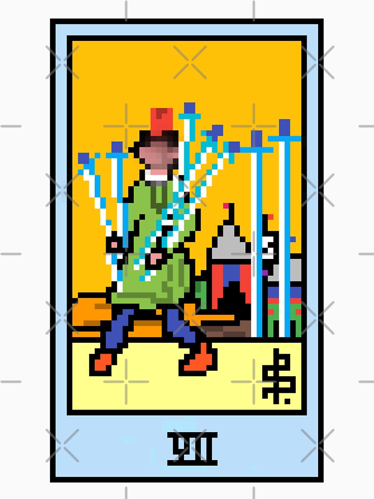 Wait, is this pixel art tarot? Yellow - Minor Arcana 'Seven of Swords' (Design for T-shirt, stickers and other accessories) by Pixel Waite