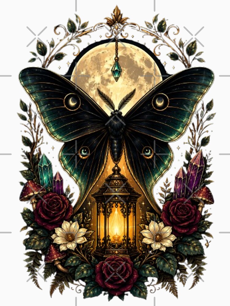 Gothic Luna Moth Moon Lantern T-Shirt | Mystical Botanical Moth, Moon & Roses Fantasy Nature Tee by HopeAndHustle