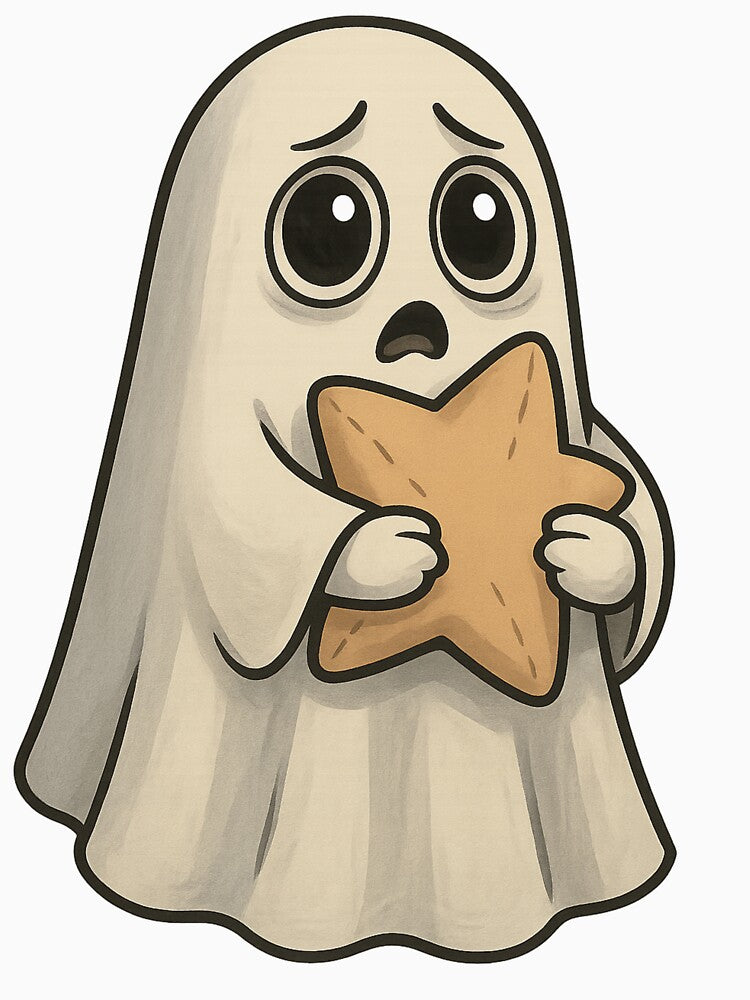 Cute Ghost Holding Star – Soft Spooky Aesthetic by Mouraludia