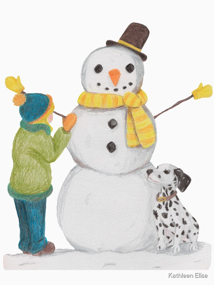 Building a Snowman - Snowman with a kid and dog - Kathleen Stuart Art by Art by Kathleen Stuart