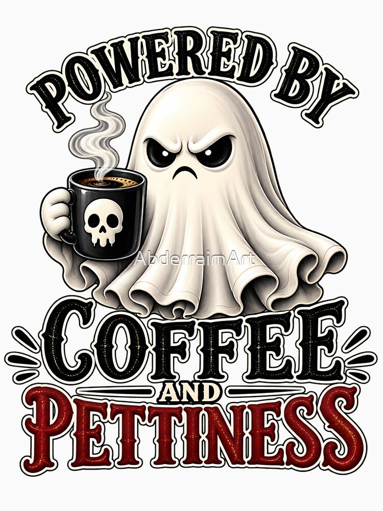 Powered by Coffee and Pettiness – Funny Grumpy Ghost with Coffee Mug by AbderraimArt