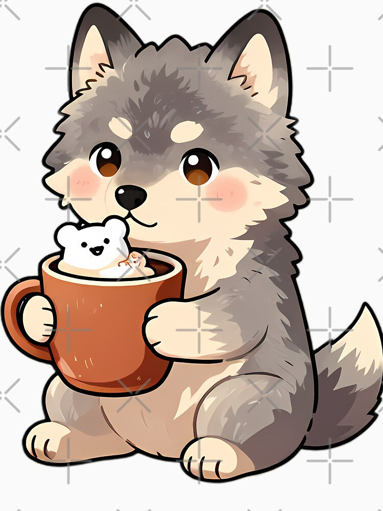 Cute Gray Wolf Puppy Hugging Hot Cocoa Mug by pumsquare