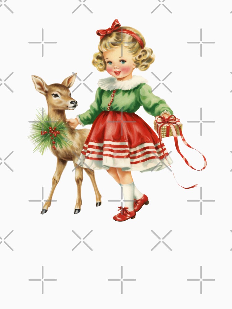 Vintage Christmas Girl and Reindeer by Sromwit Bunrid