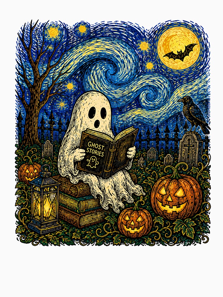 Vintage Ghost Reading Ghost Stories Halloween Book Lover Spooky Night by EvalynJoyce