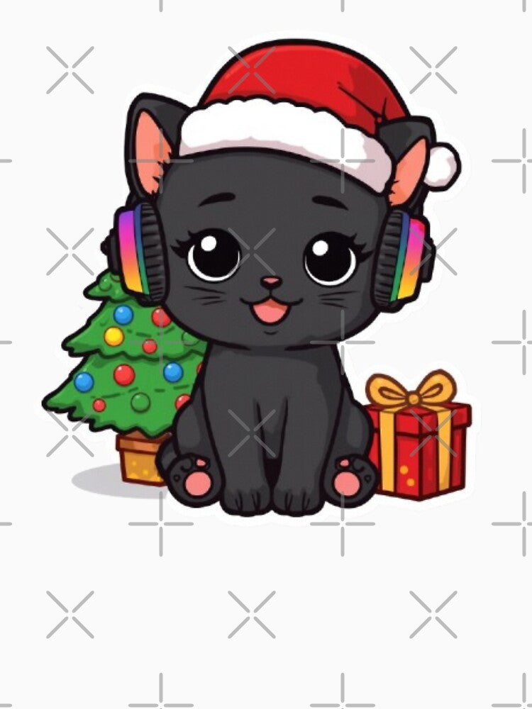 Cute Christmas Gamer Cat Kawaii Sticker | Black Kitten with RGB Headphones by Stylestickers55